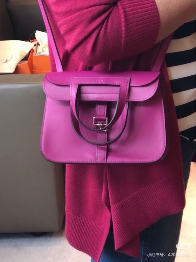 HERMES 玫瑰紫銀扣mini halzan 手提肩背斜背包😍-0
