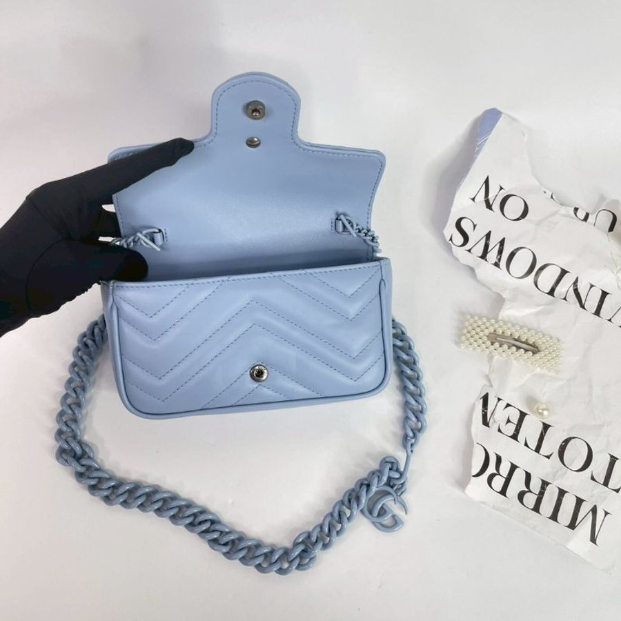 GUCCI GG馬夢絎縫皮革鍊帶腰/肩背包 寶寶藍-4