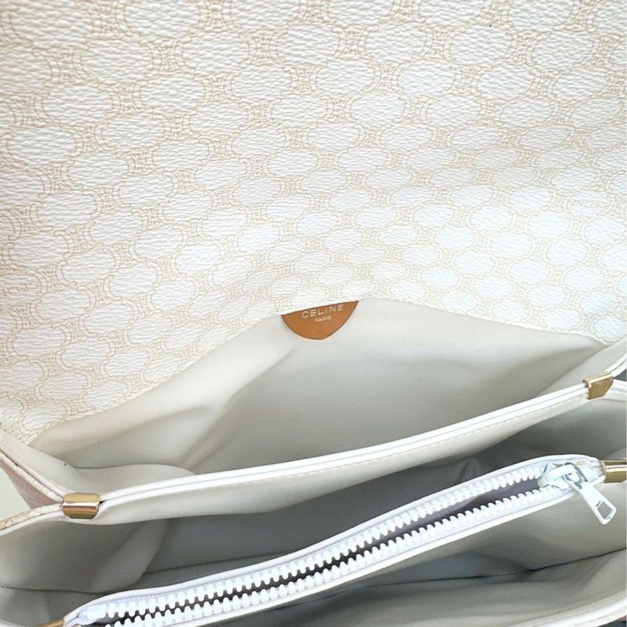 思琳Celine Vintage 古董絕版 日本中古 稀少 白色老花凱旋門 豆腐包 郵差包 斜背包-8