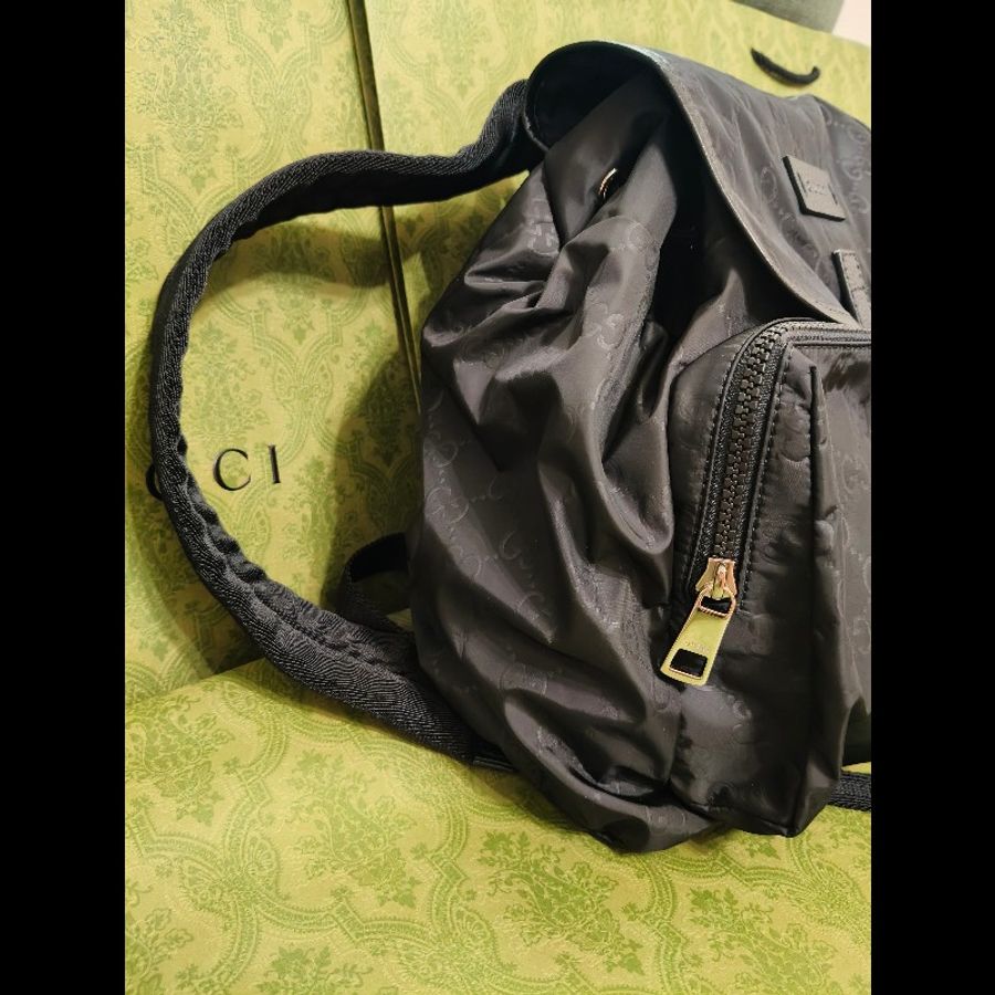 全新Gucci 印花logo尼龍牛皮飾邊後背包-4