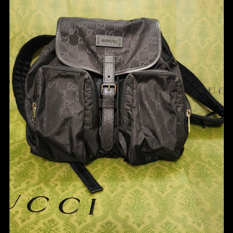 全新Gucci 印花logo尼龍牛皮飾邊後背包-8