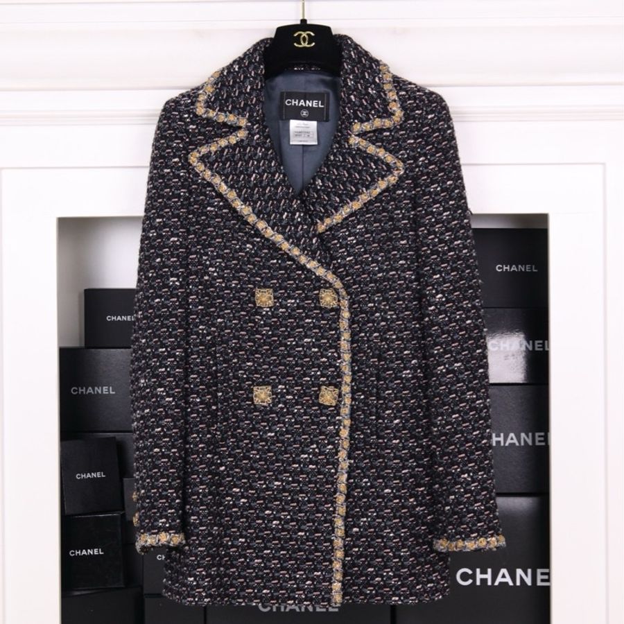Chanel 11年拜占庭系列蓝黑编织金线滚边双排琉璃扣两口袋大衣外套-3