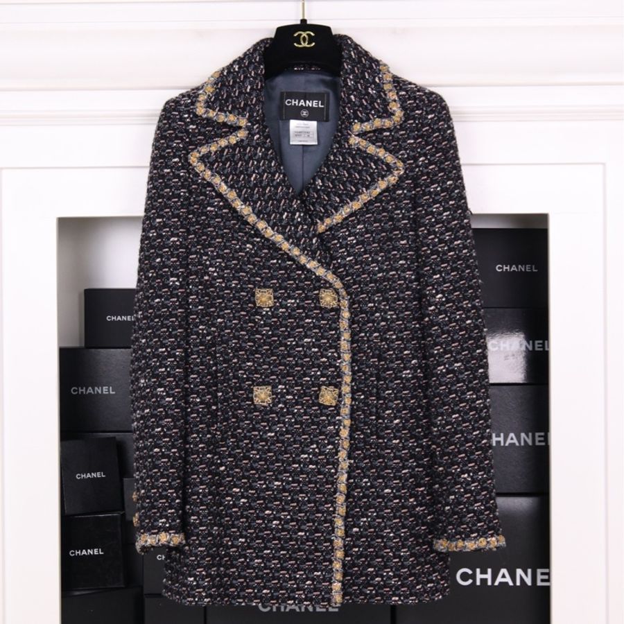 Chanel 11年拜占庭系列蓝黑编织金线滚边双排琉璃扣两口袋大衣外套-4