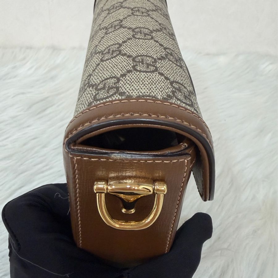 GUCCI 658574 1955 MINI Horsebit 咖啡皮帶綠紅綠織帶 手拿包馬銜包肩背包斜背包-15