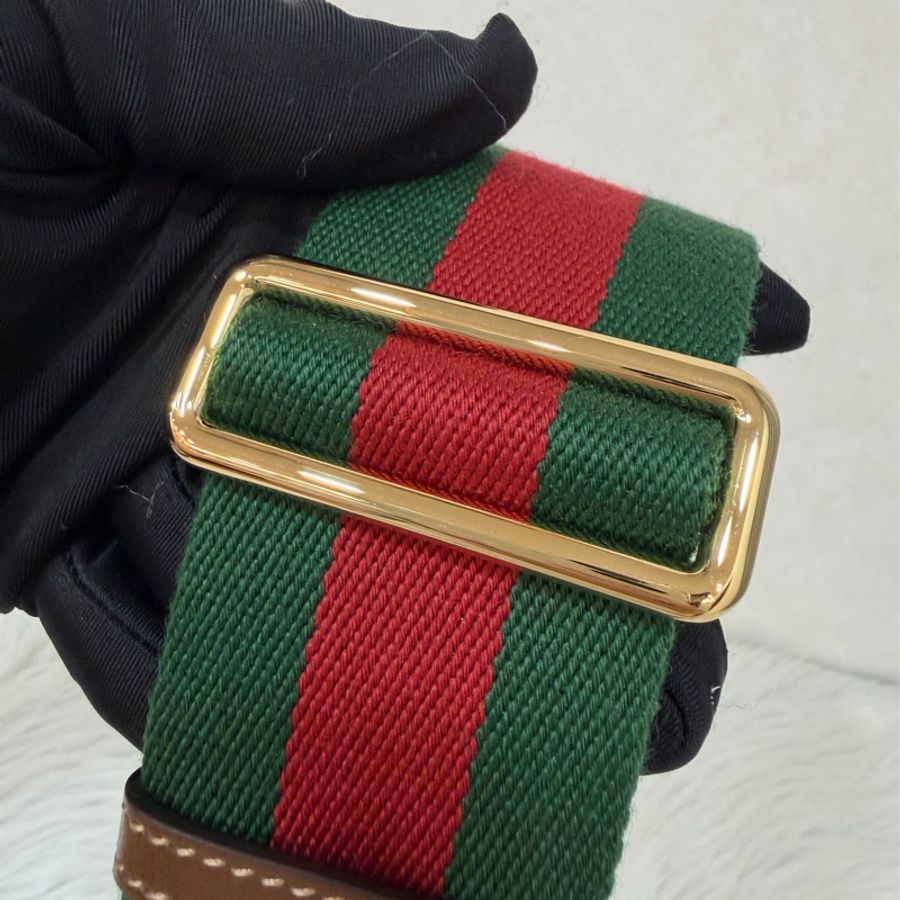GUCCI 658574 1955 MINI Horsebit 咖啡皮帶綠紅綠織帶 手拿包馬銜包肩背包斜背包-56