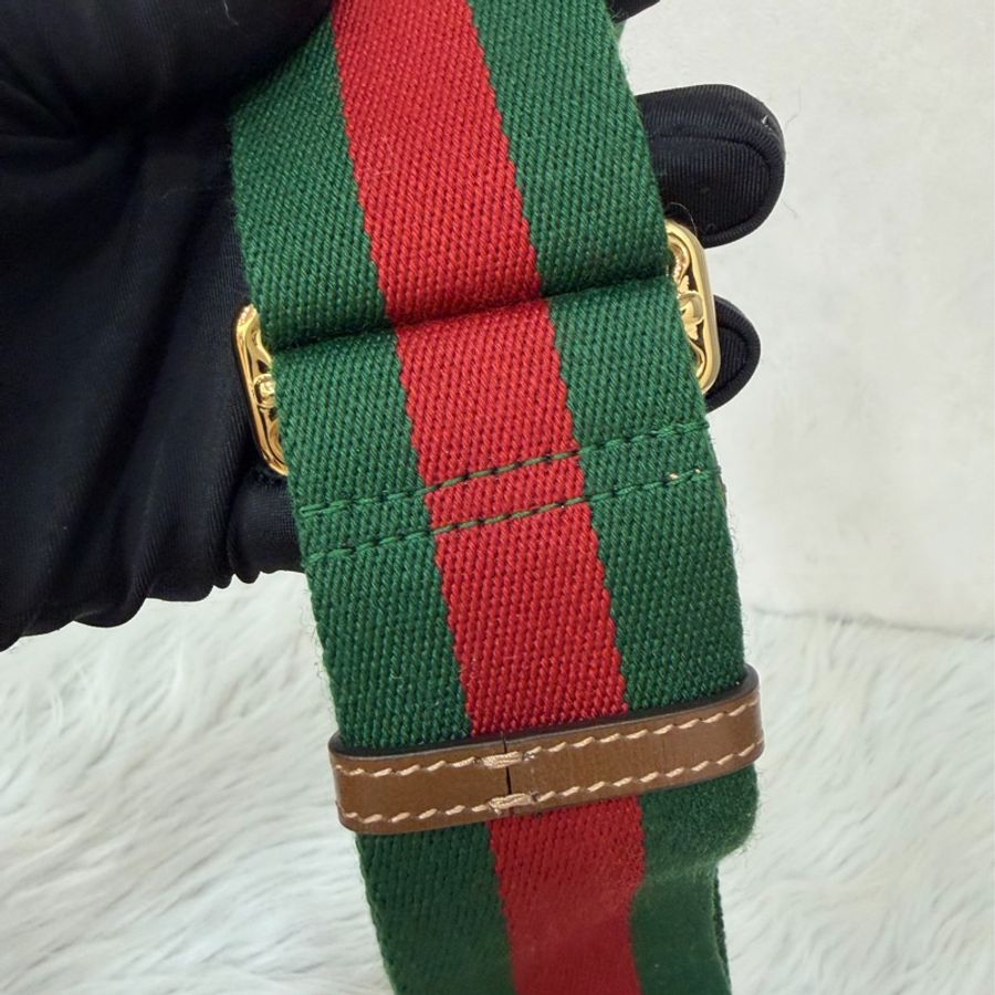 GUCCI 658574 1955 MINI Horsebit 咖啡皮帶綠紅綠織帶 手拿包馬銜包肩背包斜背包-57