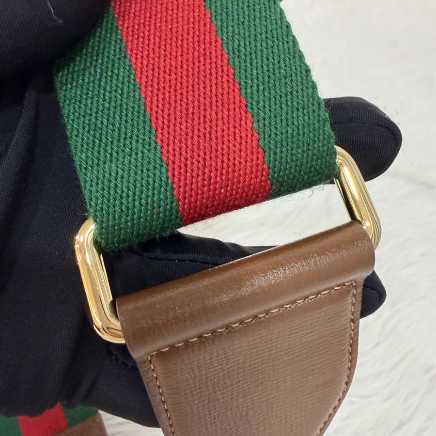 GUCCI 658574 1955 MINI Horsebit 咖啡皮帶綠紅綠織帶 手拿包馬銜包肩背包斜背包-58