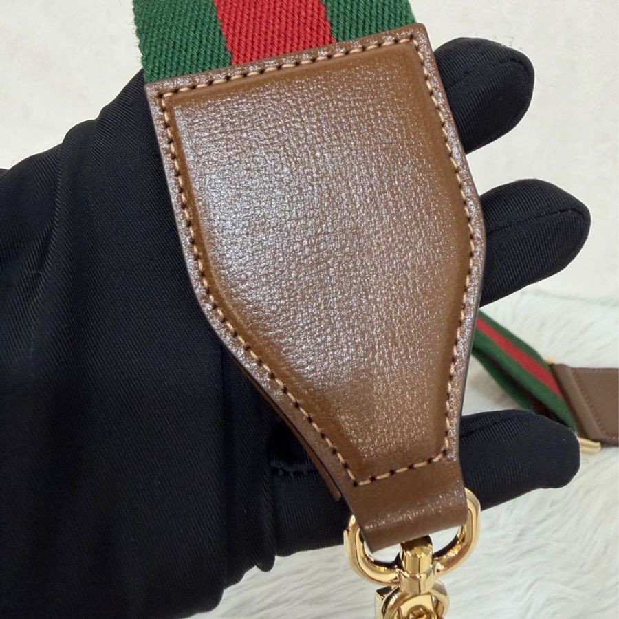 GUCCI 658574 1955 MINI Horsebit 咖啡皮帶綠紅綠織帶 手拿包馬銜包肩背包斜背包-62