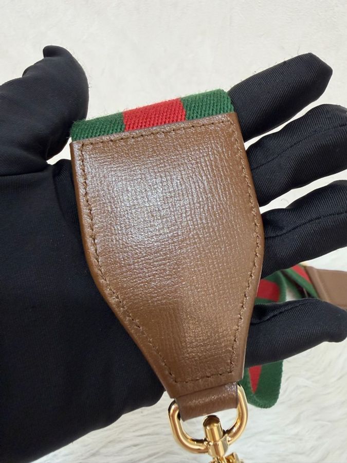 GUCCI 658574 1955 MINI Horsebit 咖啡皮帶綠紅綠織帶 手拿包馬銜包肩背包斜背包-63