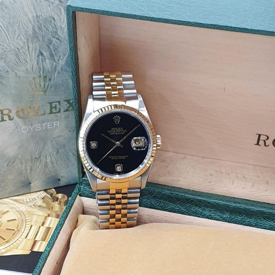 【大眾名錶】ROLEX 勞力士 16233 Datejust 蠔式日誌 全配件 市場罕有 無字天書 黑瑪瑙6.9鑽 錶徑36mm B1009-4