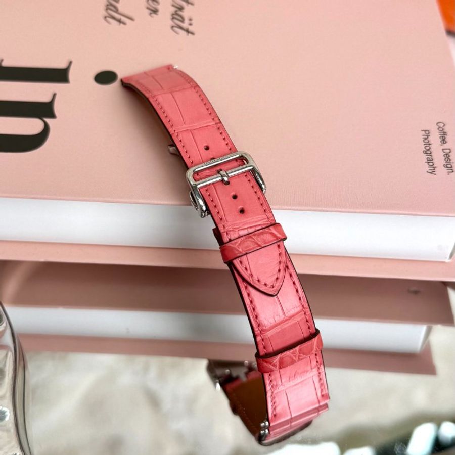 Hermès Heure H皮革錶帶 杜鵑粉鱷魚皮-0