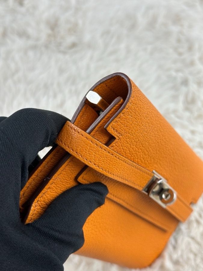 HERMES 愛馬仕 銀扣 Togo皮 錢包 卡包 女款 橘色 框M刻-12