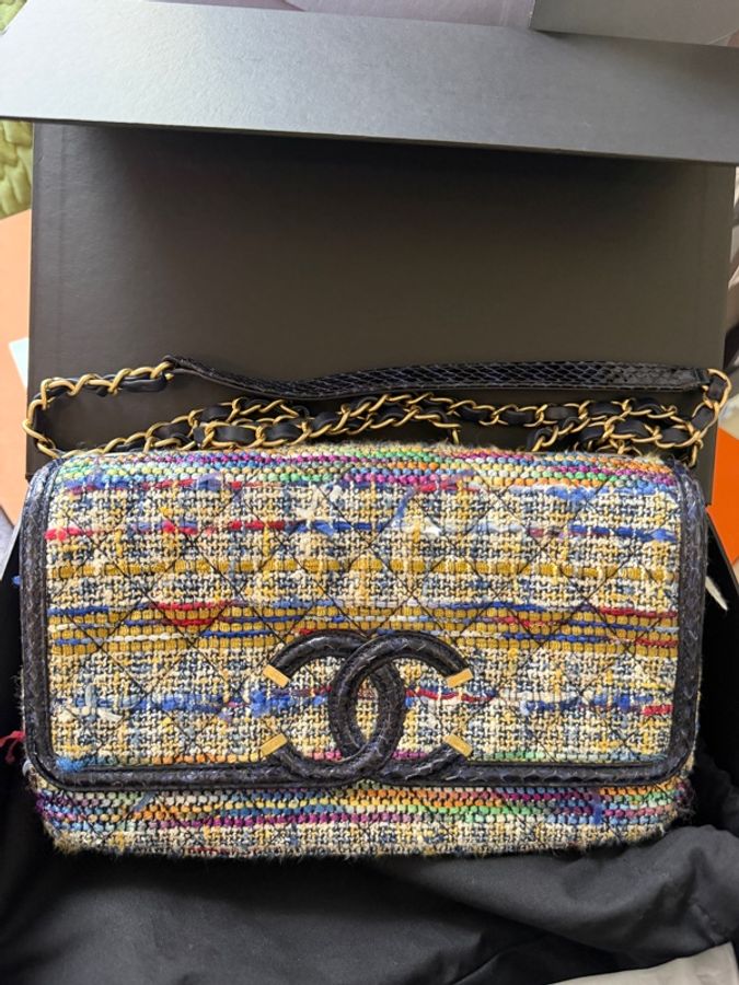 98新 Chanel 彩色粗花呢拼深藍色蛇皮CF 口蓋包26cm-0