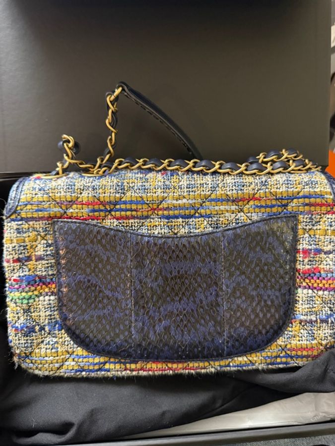 98新 Chanel 彩色粗花呢拼深藍色蛇皮CF 口蓋包26cm-1