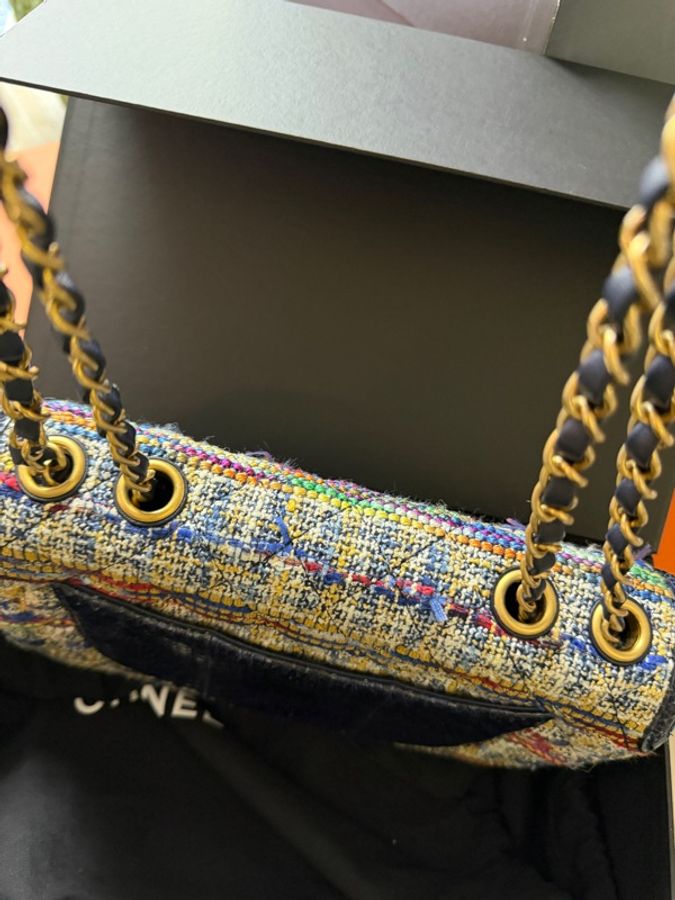 98新 Chanel 彩色粗花呢拼深藍色蛇皮CF 口蓋包26cm-2