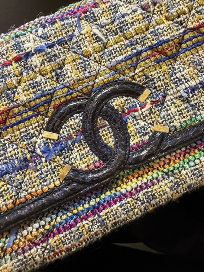 98新 Chanel 彩色粗花呢拼深藍色蛇皮CF 口蓋包26cm-3