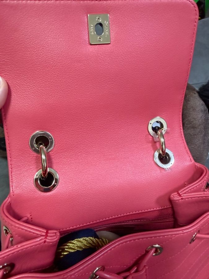 99新閒置品 Chanel 粉色V紋小牛皮金扣雙肩包-8