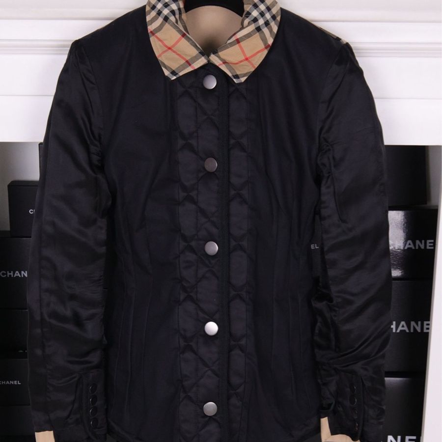 Burberry黑色菱格纹棉服拼接风衣外套-7