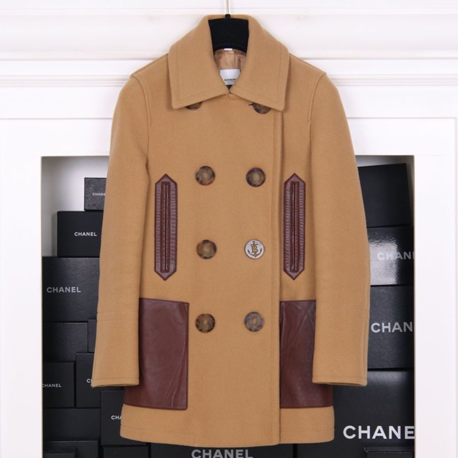 Burberry驼色羊毛拼皮双排扣大衣外套-0