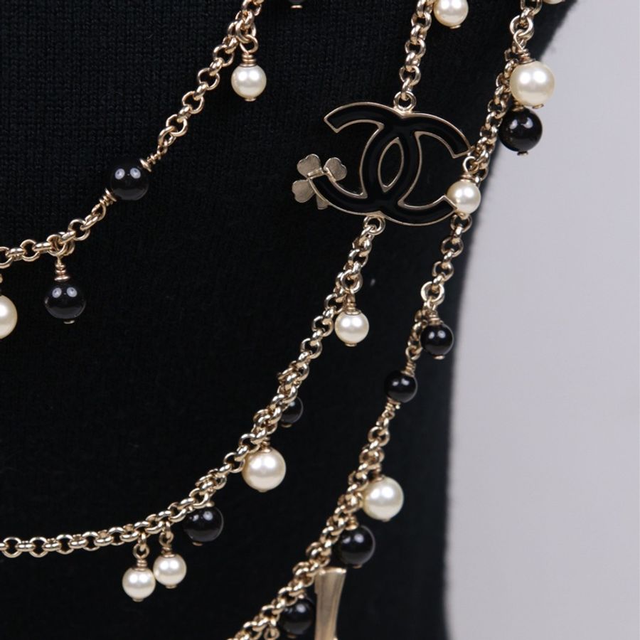 Chanel 12年珐琅四叶草珍珠多元素多层项链毛衣链-20