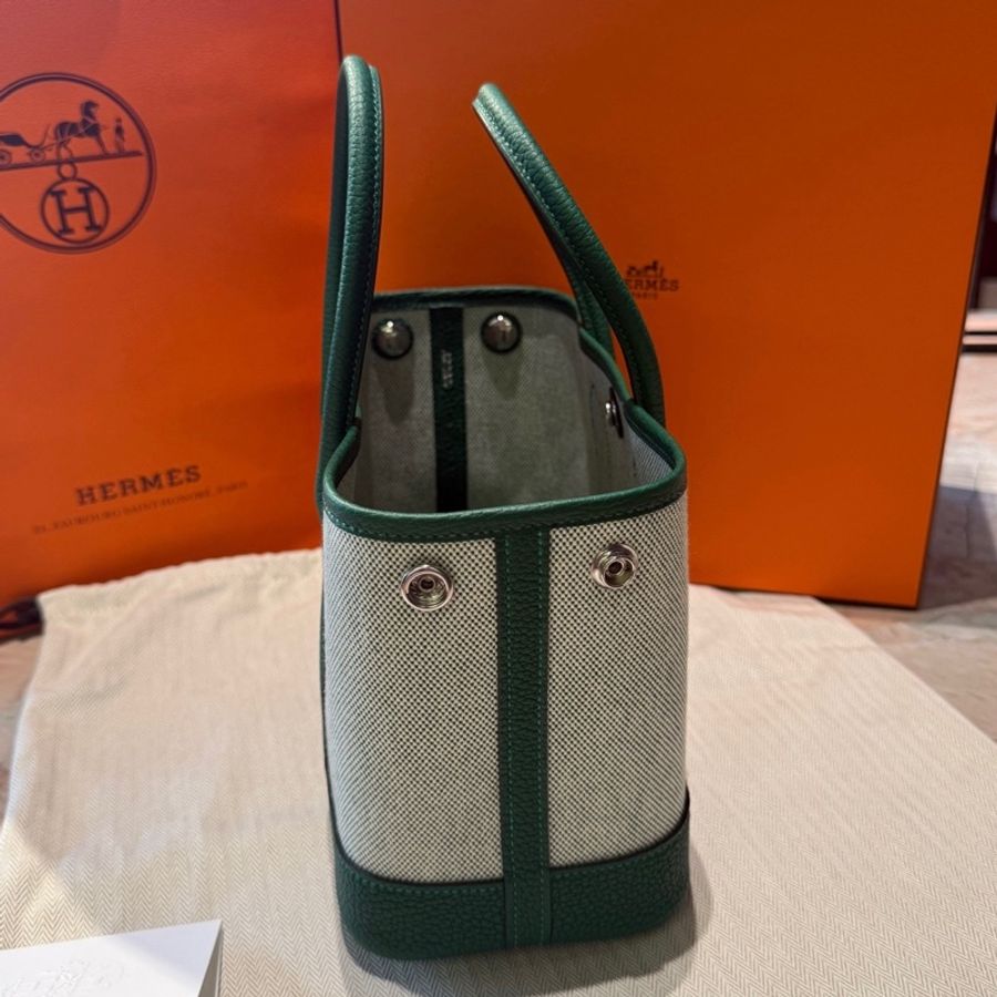 HERMES愛馬仕 帆布勞力士綠色拼皮mini花園手提包 銀扣-4