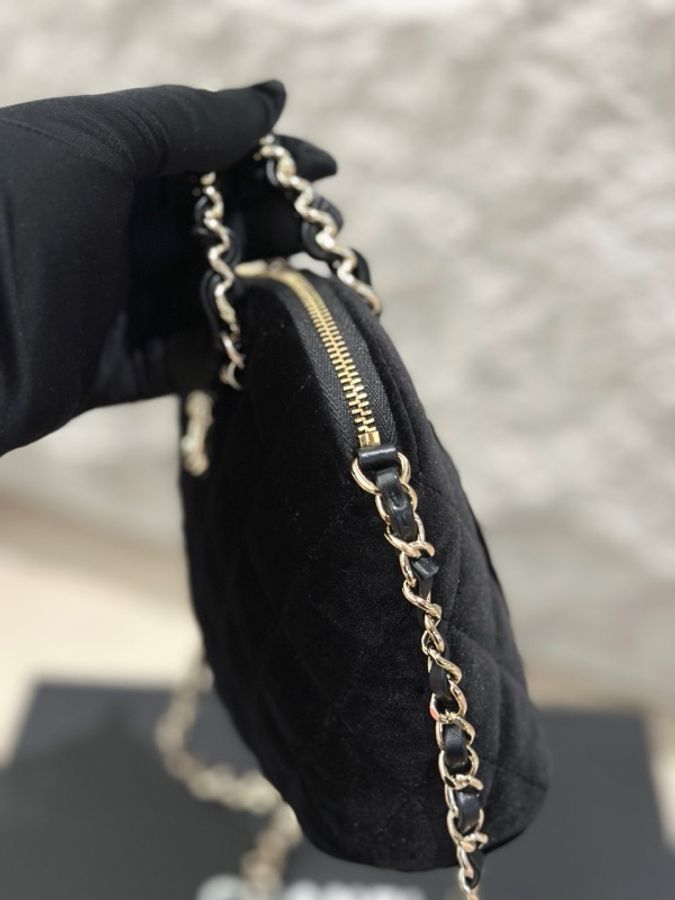 99新 Chanel香奈兒 黑色金扣 手提絲絨貝殼包鏈條包 小號-3