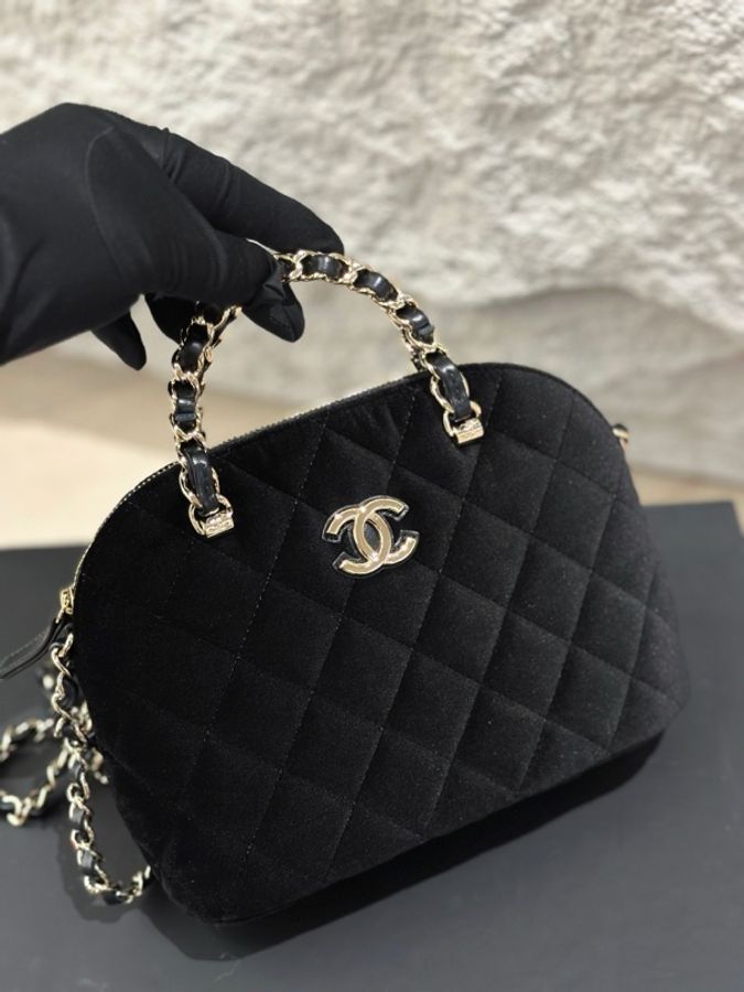 99新 Chanel香奈兒 黑色金扣 手提絲絨貝殼包鏈條包 小號-6