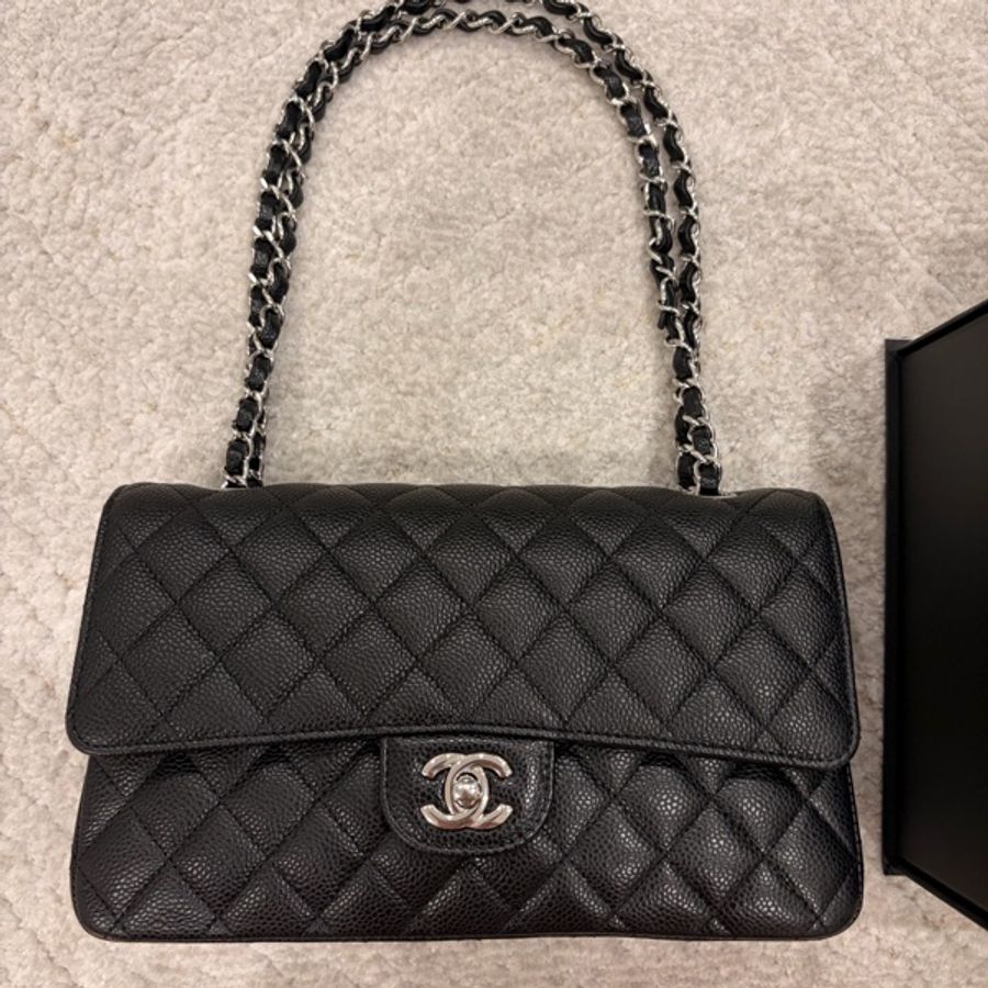CHANEL Classic Flap Medium 25 黑色荔枝皮銀扣 CF經典中號 全配件-9