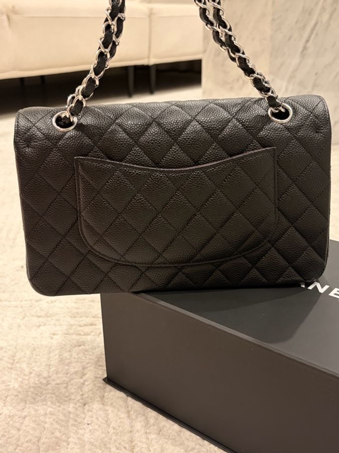 CHANEL Classic Flap Medium 25 黑色荔枝皮銀扣 CF經典中號 全配件-11