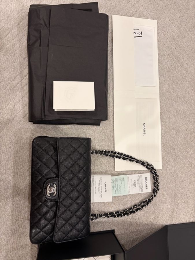 CHANEL Classic Flap Medium 25 黑色荔枝皮銀扣 CF經典中號 全配件-24