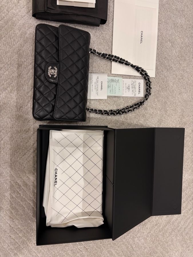 CHANEL Classic Flap Medium 25 黑色荔枝皮銀扣 CF經典中號 全配件-25