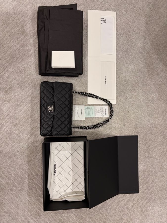 CHANEL Classic Flap Medium 25 黑色荔枝皮銀扣 CF經典中號 全配件-26