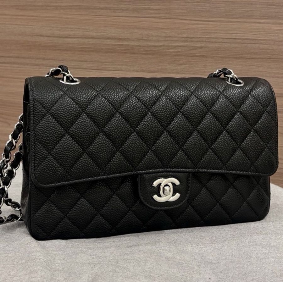 CHANEL Classic Flap Medium 25 黑色荔枝皮銀扣 CF經典中號 全配件-0