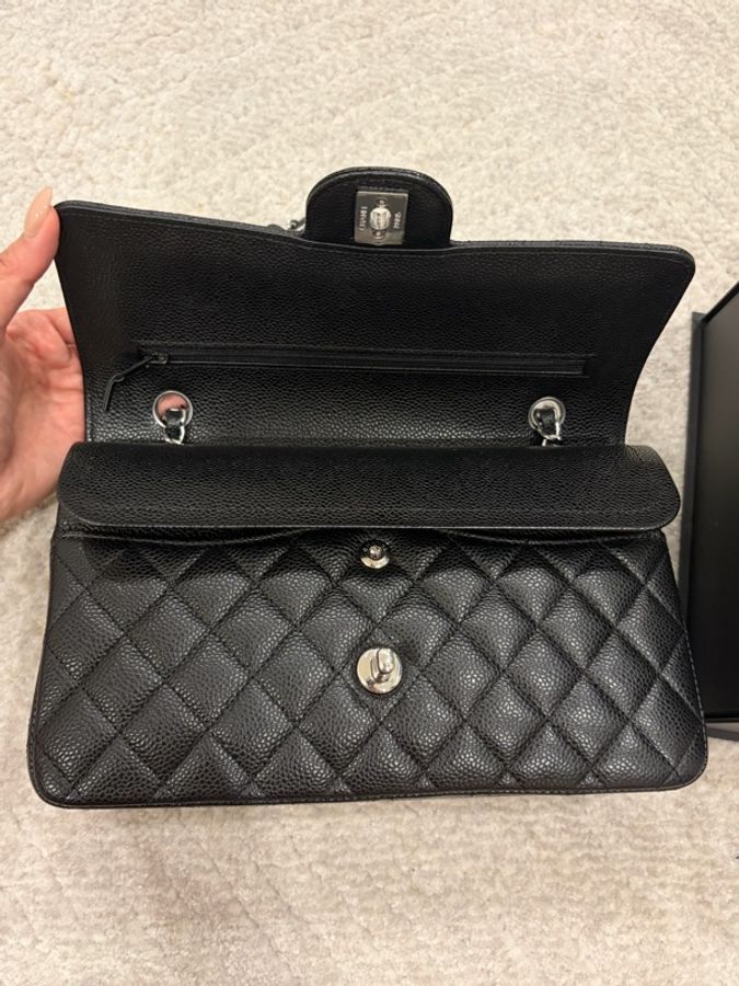 CHANEL Classic Flap Medium 25 黑色荔枝皮銀扣 CF經典中號 全配件-7