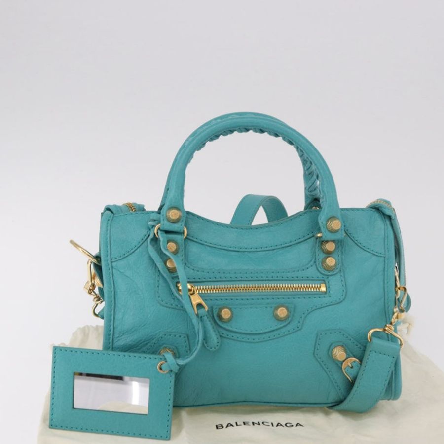【日本直送】BALENCIAGA Giant Mini City Bag 皮革 2way Turquoise Blue 309544 Auth 185402SAM-11