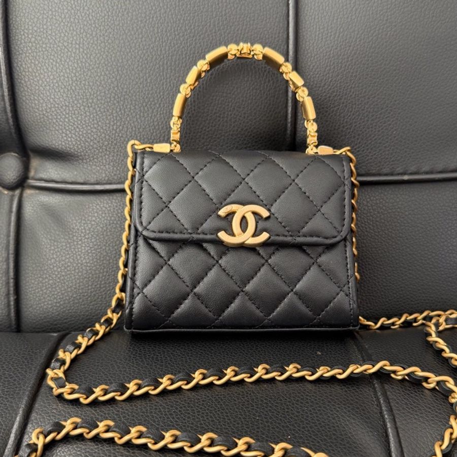 Chanel 香奈兒琺瑯手柄miniKelly/  黑金色牛皮-0