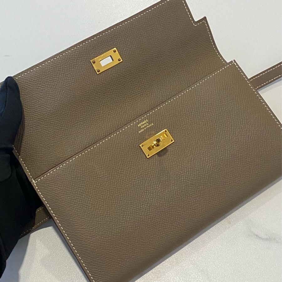 Hermes kelly 長夾大象灰+金釦-8
