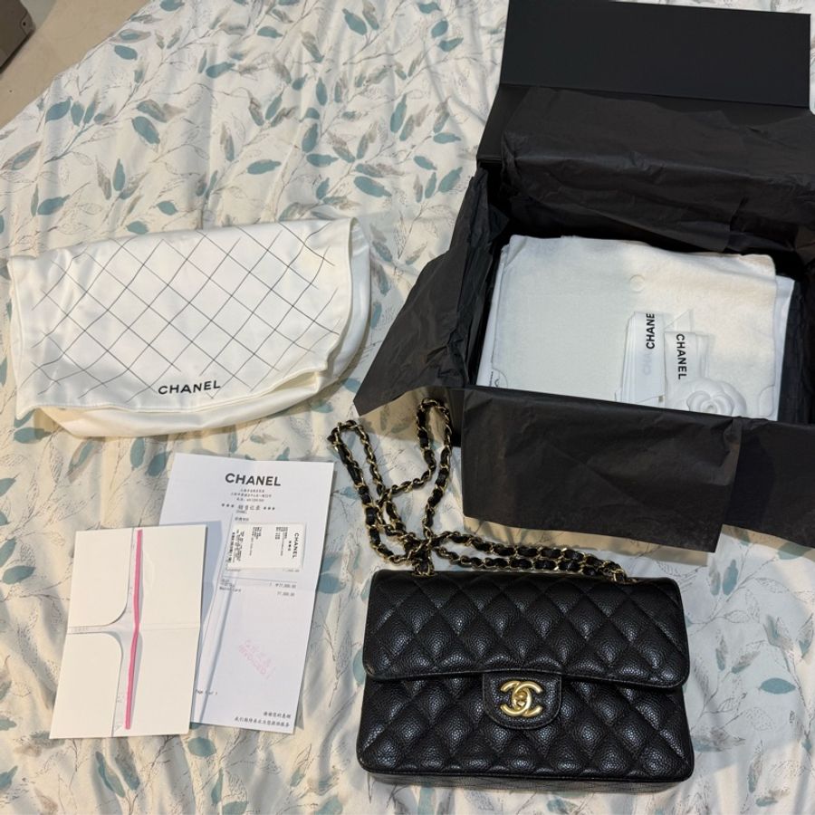 99新 香奈兒/Chanel 黑金CF小號荔枝紋牛皮鏈條包口蓋包-0