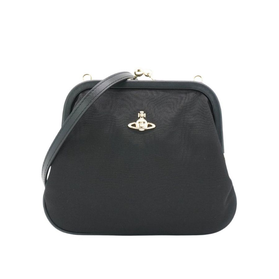 Vivienne Westwood 縲縈紗網面金色土星轉釦肩背包(黑)-0