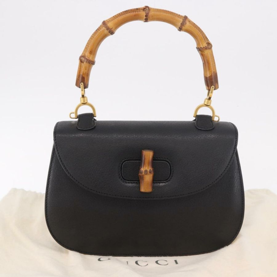 【日本直送】GUCCI 竹節手提包 皮革 黑色 金色 正品 183361V-11