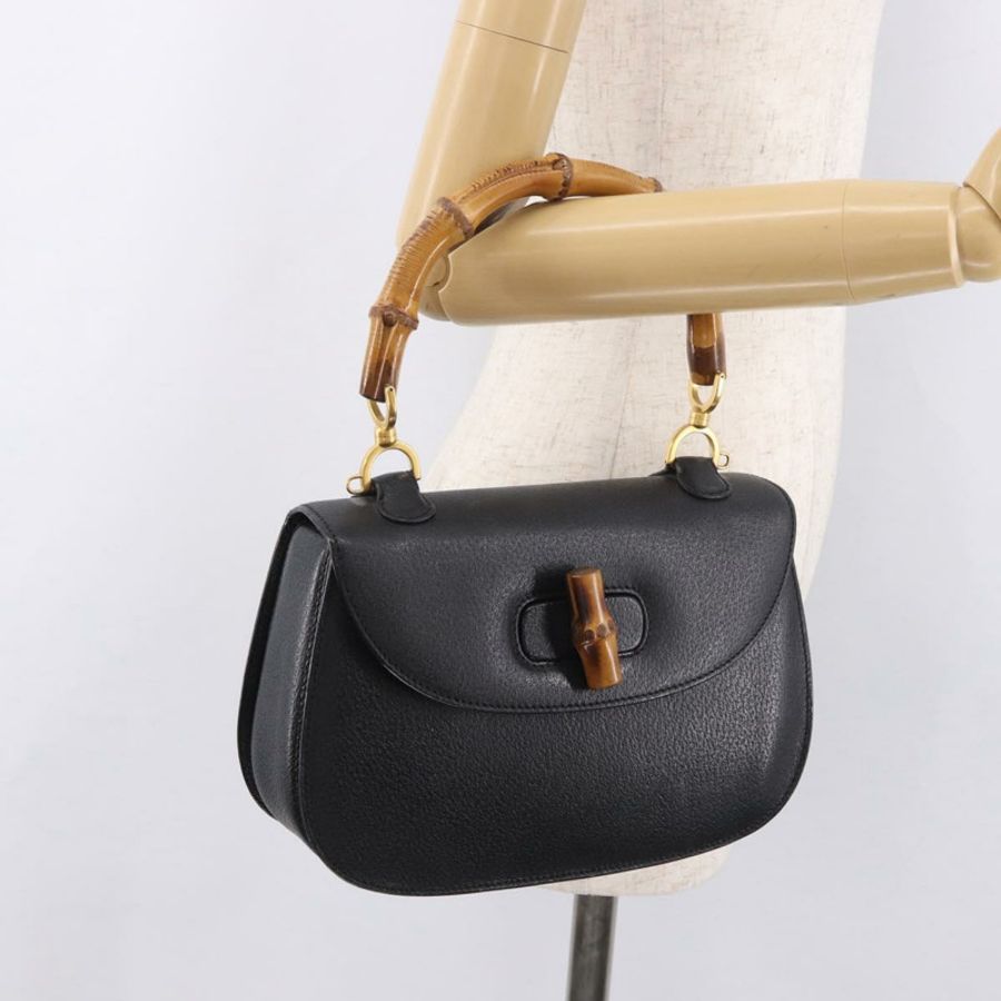 【日本直送】GUCCI 竹節手提包 皮革 黑色 金色 正品 183361V-25