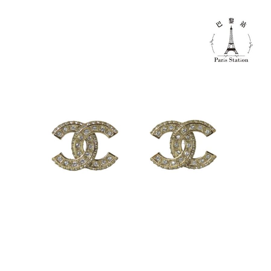 【巴黎站二手名牌專賣店】*現貨*CHANEL 香奈兒 真品* 經典雙C 淡金色 滿鑽 雙C耳環-0