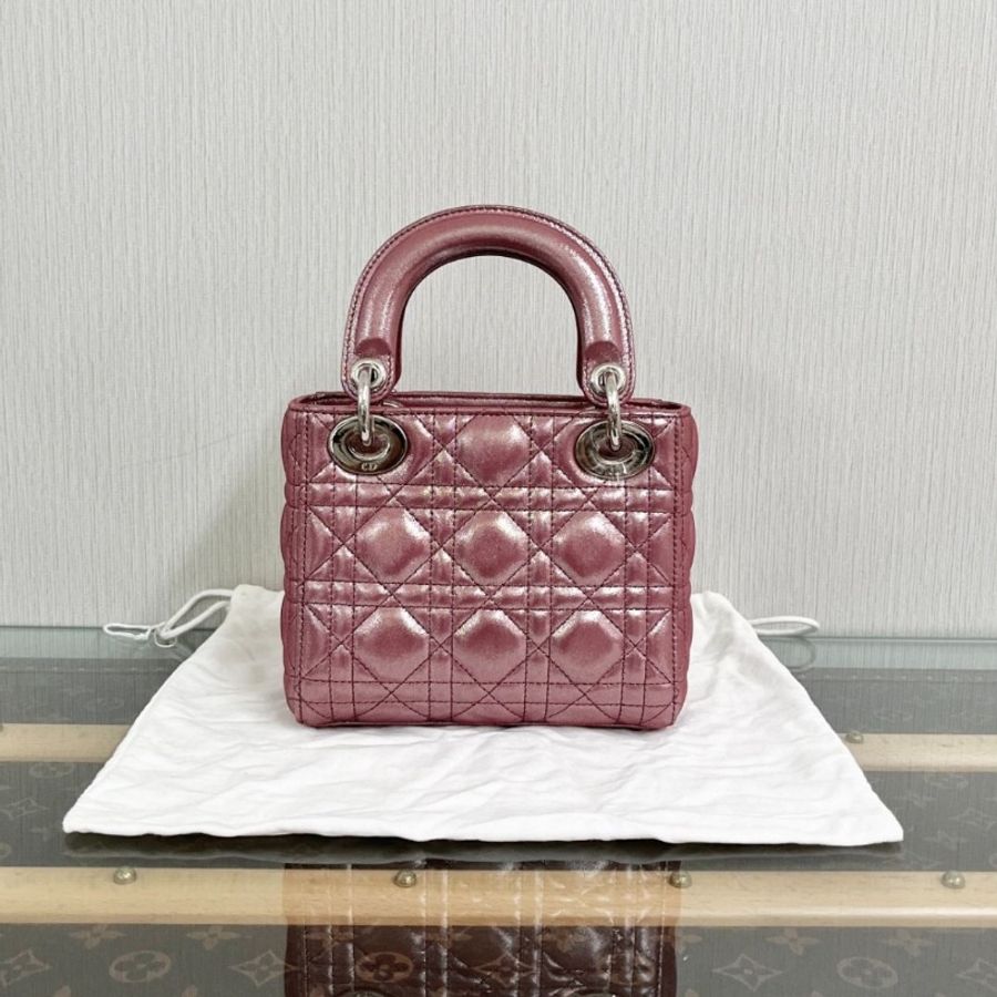 DIOR 珠光粉銀扣三格黛妃 手提肩背斜背包 17*14*7 9新 配件塵袋保卡-1