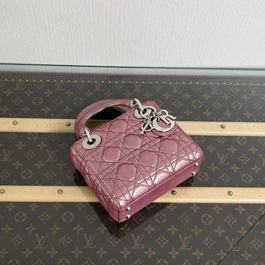 DIOR 珠光粉銀扣三格黛妃 手提肩背斜背包 17*14*7 9新 配件塵袋保卡-3
