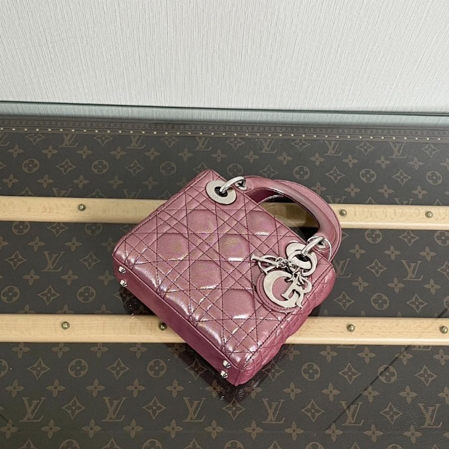 DIOR 珠光粉銀扣三格黛妃 手提肩背斜背包 17*14*7 9新 配件塵袋保卡-4