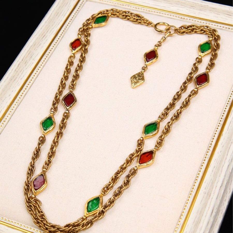Chanel红绿菱形琉璃素金链条项链-4