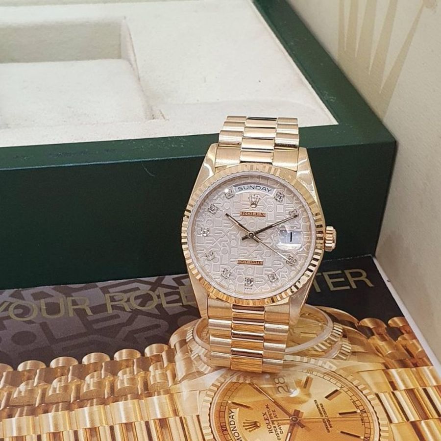 【大眾名錶】ROLEX 勞力士 18238 Day-Date 18K金 原廠銀白紀念十鑽面 錶徑36 B1147-1