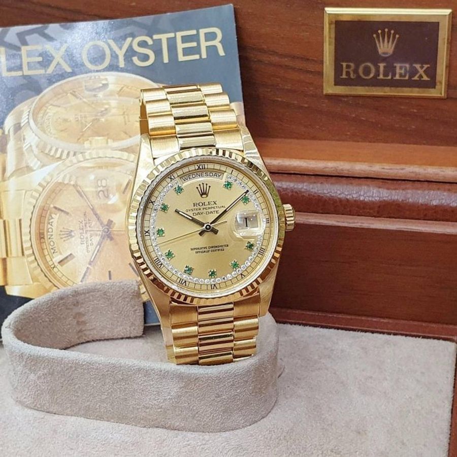 【大眾名錶】ROLEX 勞力士 18238 Day-Date 蠔式18K金 綠寶多層鑽面盤 原面未翻寫 錶徑36mm G130-1
