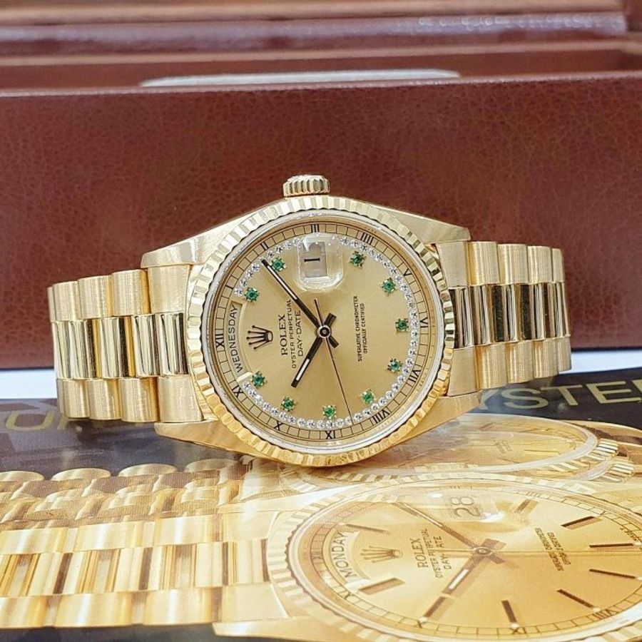 【大眾名錶】ROLEX 勞力士 18238 Day-Date 蠔式18K金 綠寶多層鑽面盤 原面未翻寫 錶徑36mm G130-2