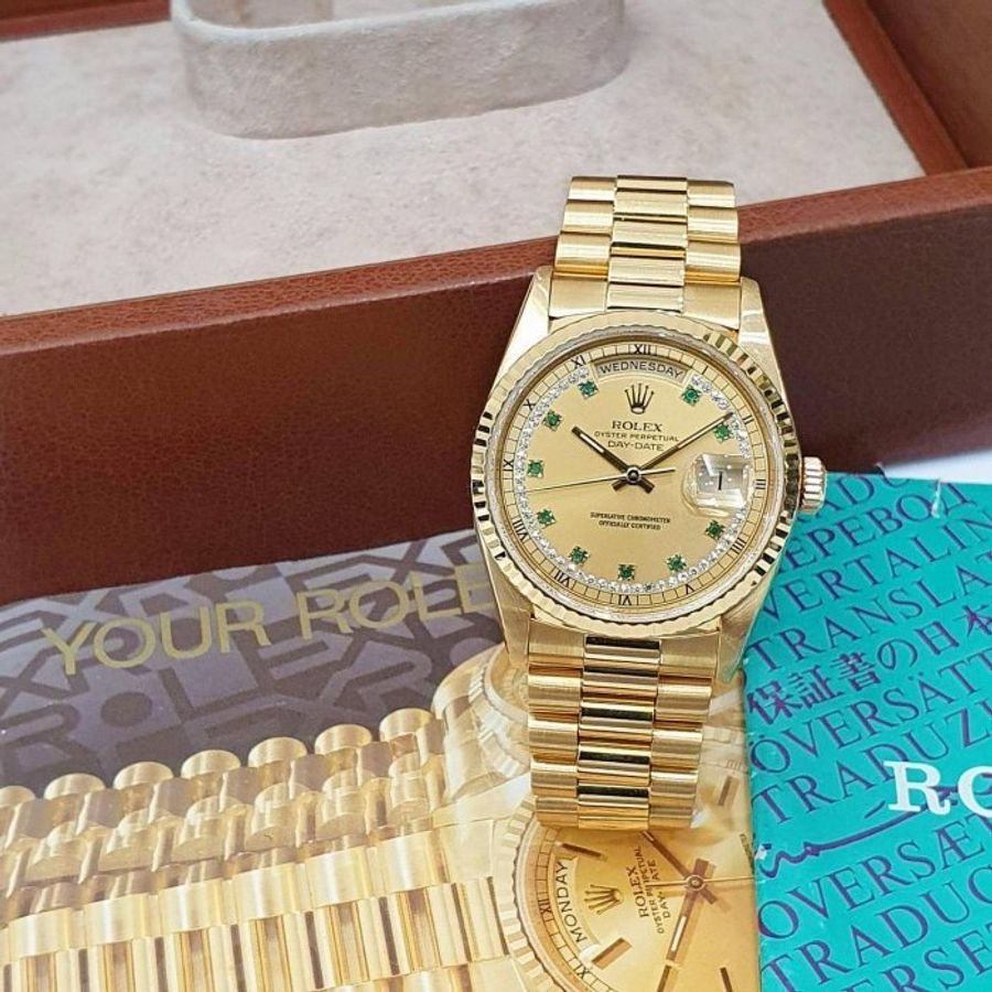 【大眾名錶】ROLEX 勞力士 18238 Day-Date 蠔式18K金 綠寶多層鑽面盤 原面未翻寫 錶徑36mm G130-3